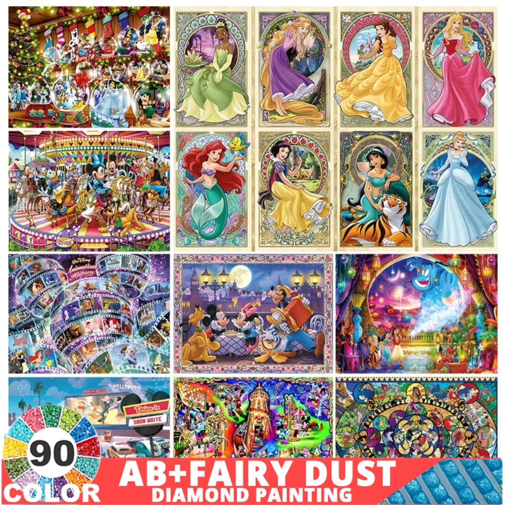 90 Colour AB Fairy Dust Disney Art 5D Diamond Painting Princess Mickey Mouse Cartoon Stitch Kits Full Drill Mosaic Decor Gift