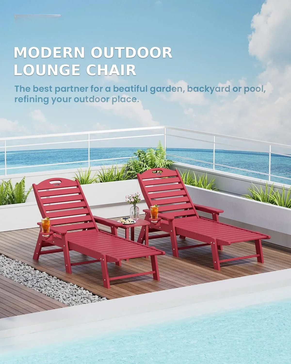 

Chaise Lounge Outdoor with 6-Position, Oversized Patio Lounge Chairs with Cup Holder in HDPE