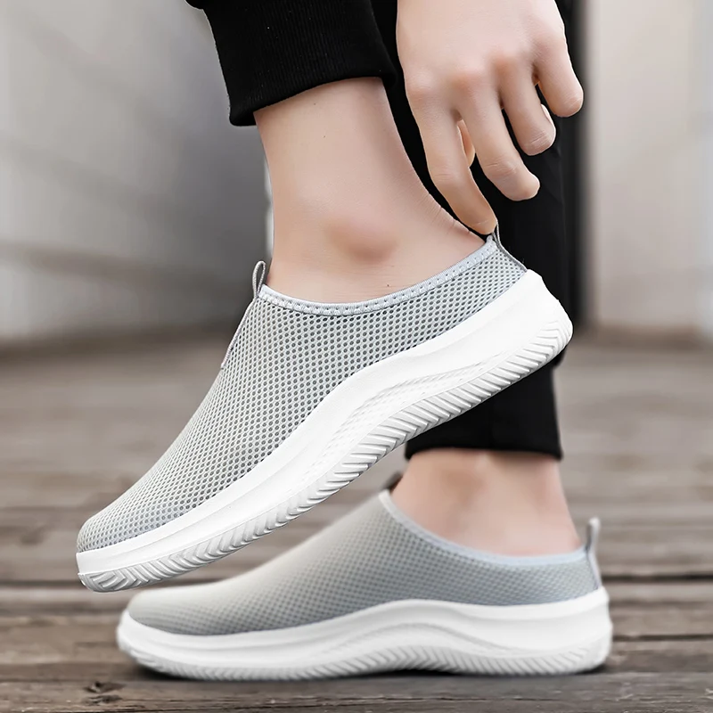 

ELUVA Men's Mesh Slippers Breathable Slip-On Summer Flat Casual Shoes Lightweight Indoor Outdoor Non-Slip Walking Slippers