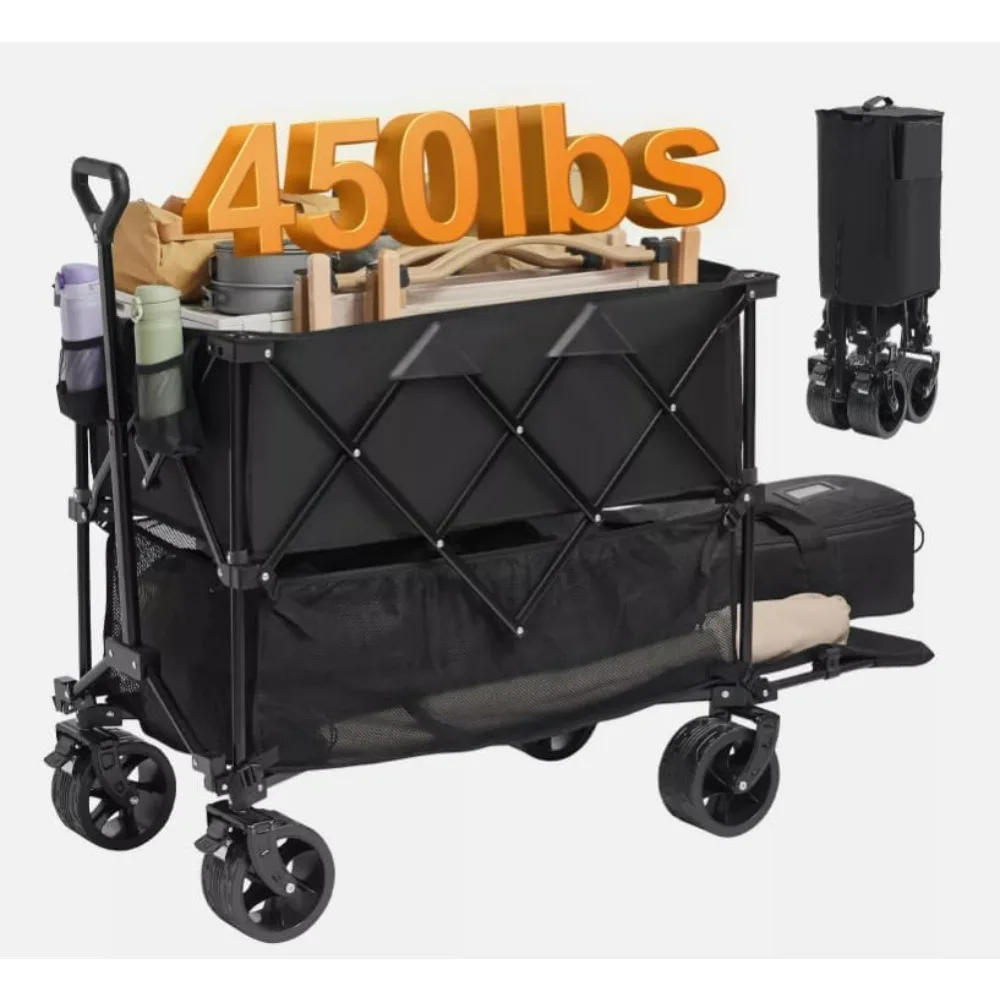 Collapsible Folding Wagon 400L Beach Wagon Cart Heavy Duty 450 Lbs, Robust Iron Frame, All-Terrain Tires, Outdoor Garden Carts