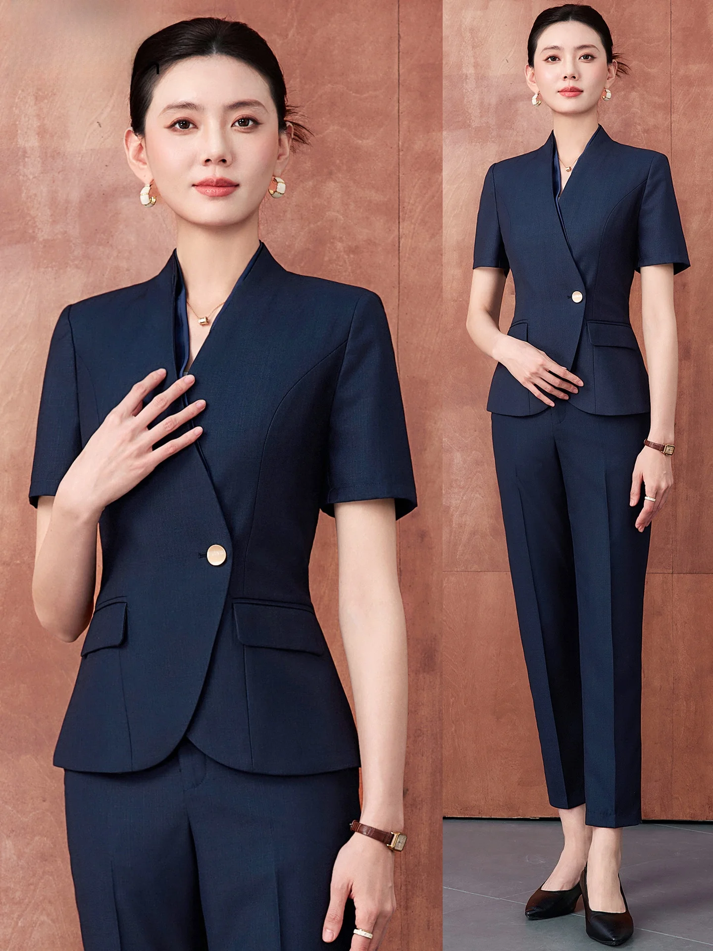 

Cobalt Blue ort Sve Suit Set Women's Summer Profional Beau Salon Front Desk Reception Workwear Hotel Front Desk
