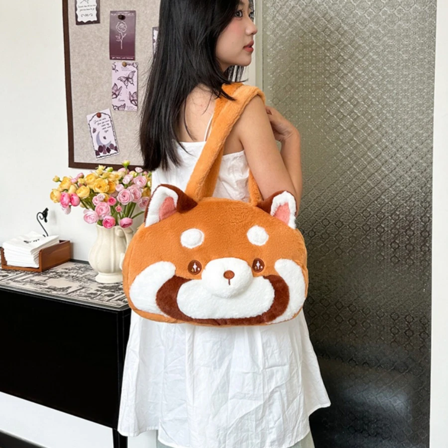 Red Panda Plush Bag Lovely Backpack Large Capacity Animal Shoulder Bag Cute Stuffed Doll Soft Red Panda Handbag for Travel