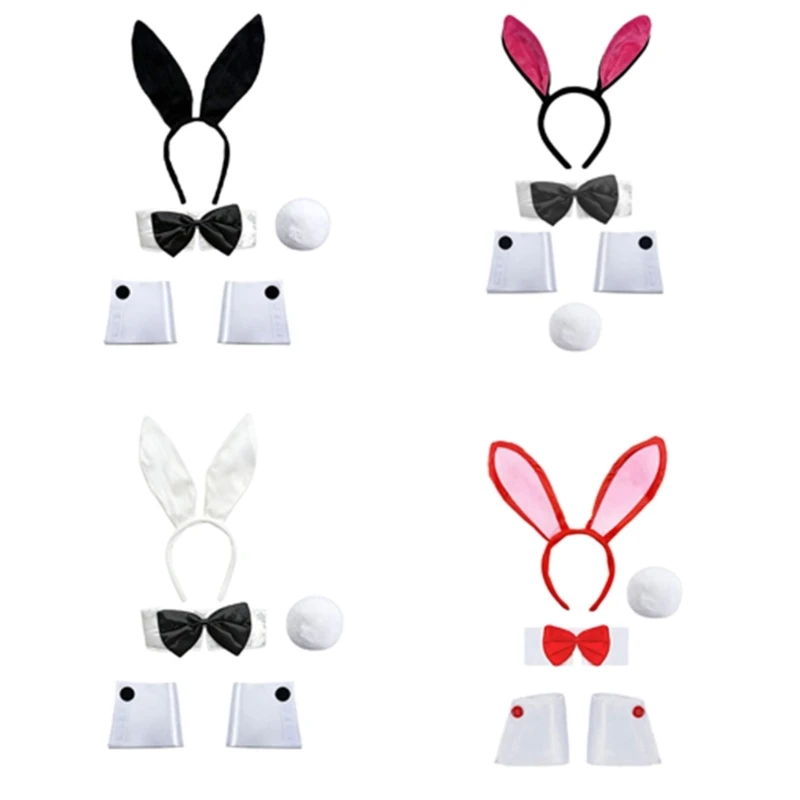 Q39C Soft Rabbit Costume Set with Headbands, White Cuffs, Neck Tie and Pom Tail for Holiday Party Roleplay Today Fun