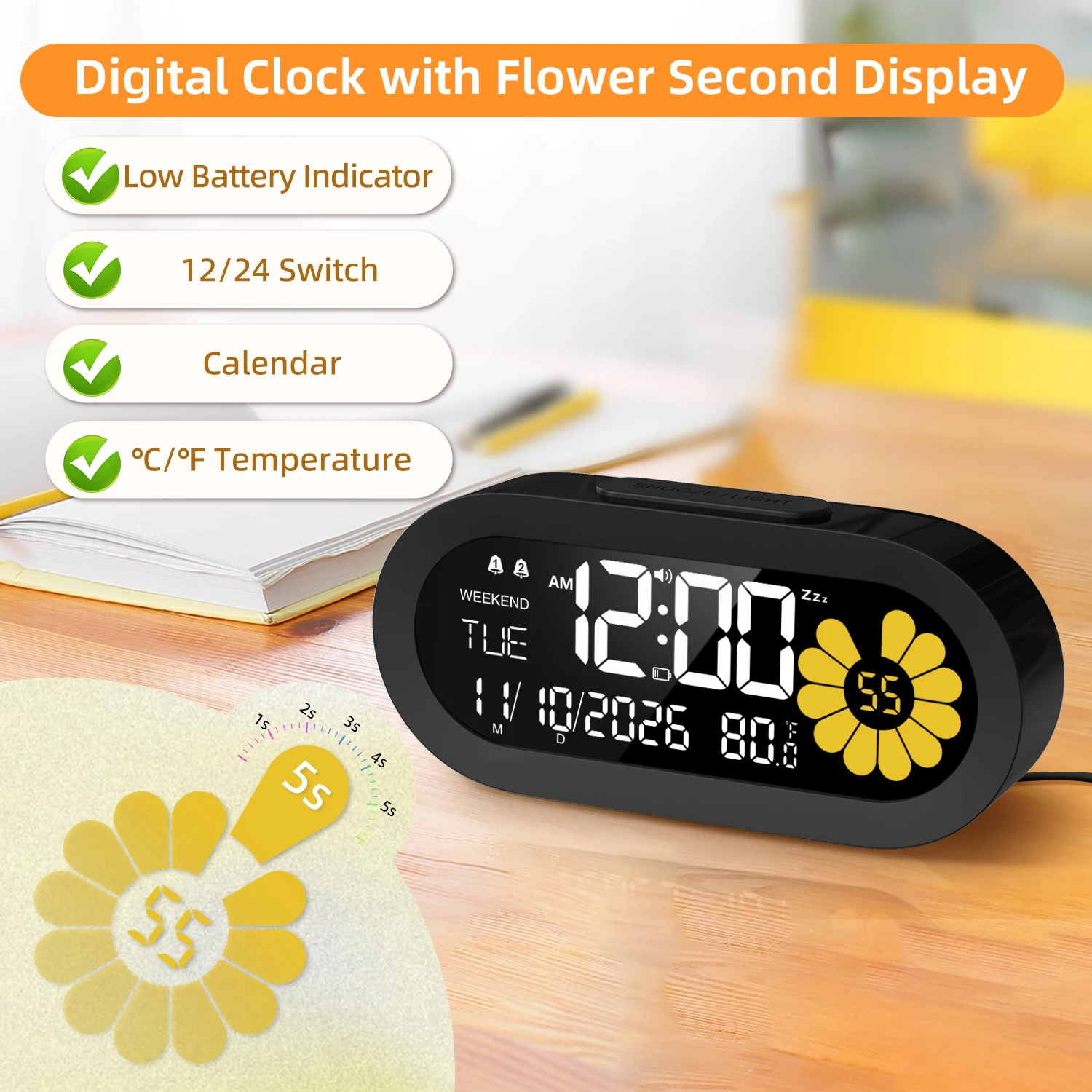 LED Digital Alarm Clock with Dual Alarms Date Week Temperature Display Type C And Battery Operated Clock for Home Bedroom