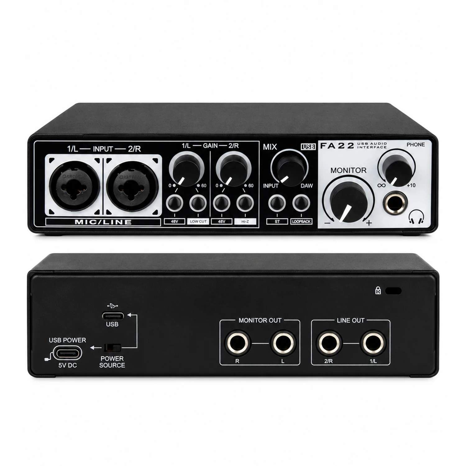 FA22 Audio Interface Sound Card for Podcast Music Production Home Studio 24bit Audio Sound Card Recording USB