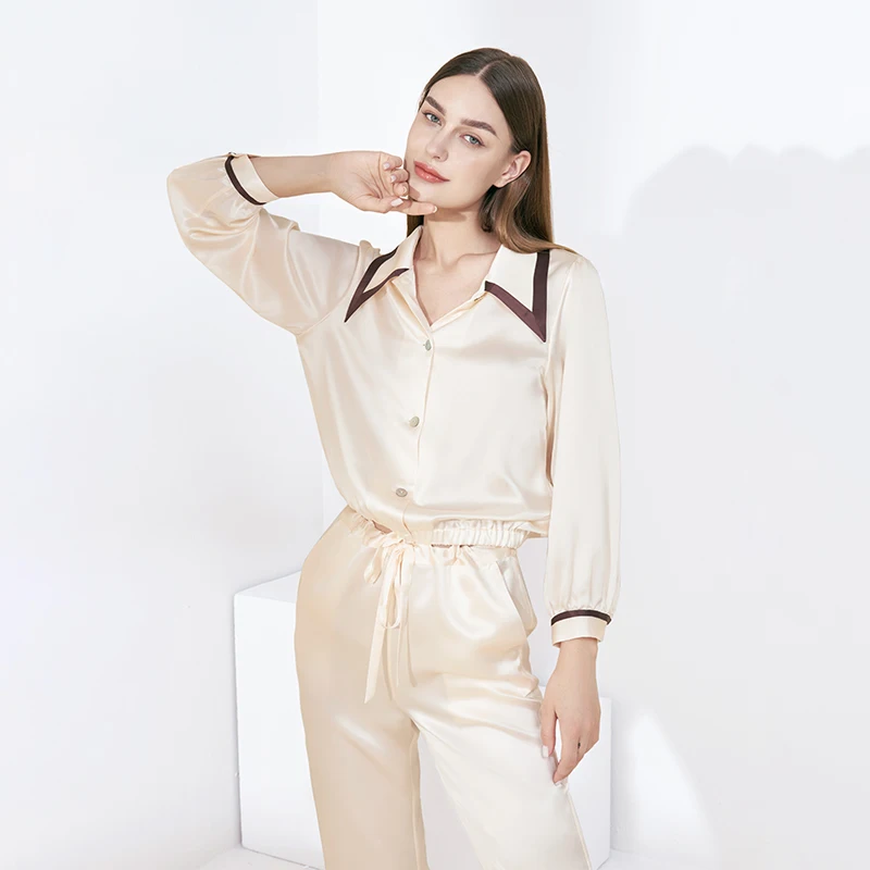 19MM 100% Mulberry Silk Pointed Collar Long-sleeved Trousers Two-piece Pajamas Set Button Down Cardigan Nightwear Pajama Outwear