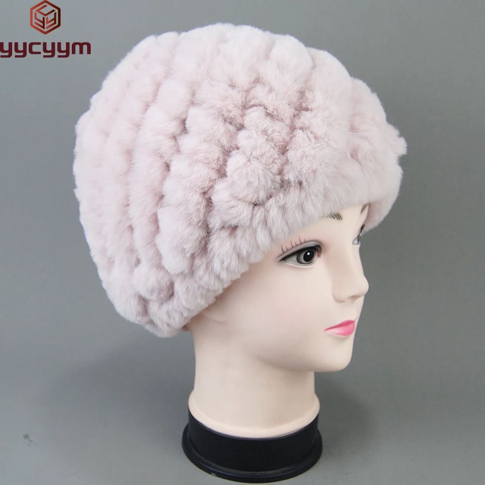 

Hot Sale Lady Real Rex Rabbit Winter Fur Hat For Women Russian Real Fur Knitted Cap Headgear Winter Warm Women Hat Beanie Hats