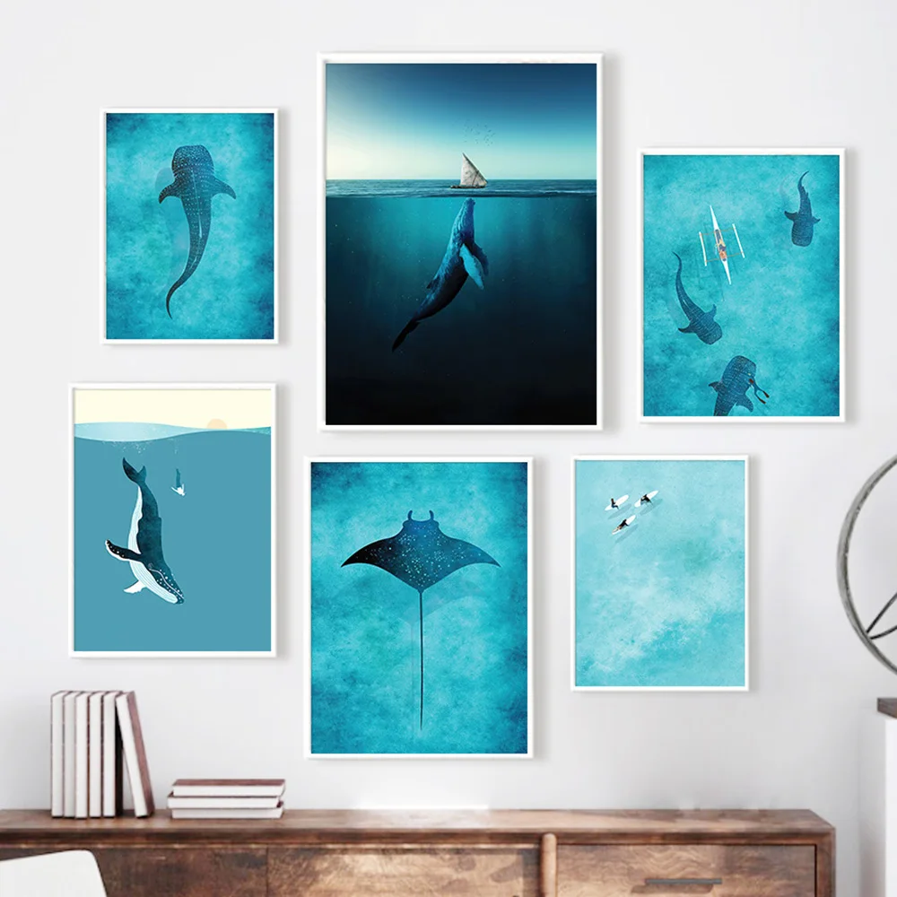 Blue Whale Shark Diver Sail Manta Rays Surf Sea Wall Art Canvas Painting Nordic Posters And Prints Wall Pictures Kids Room Decor