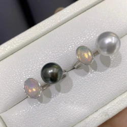 MeiBaPJ 9-10mm Natural Round Freshwater Pearl Fashion Opal Ring 925 Sterling Silver Fine Wedding Jewelry for Women