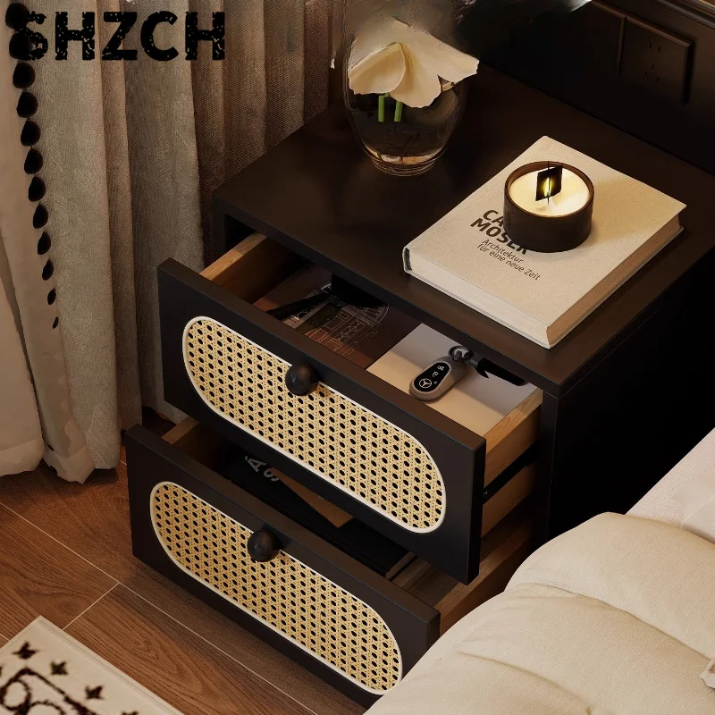 Black Black Woven Rattan Nightstand Mid-Century Modern Bedside Table Solid Wood Storage Cabinet Luxury Bedroom Organizer Furniture - Aliexpress Deal