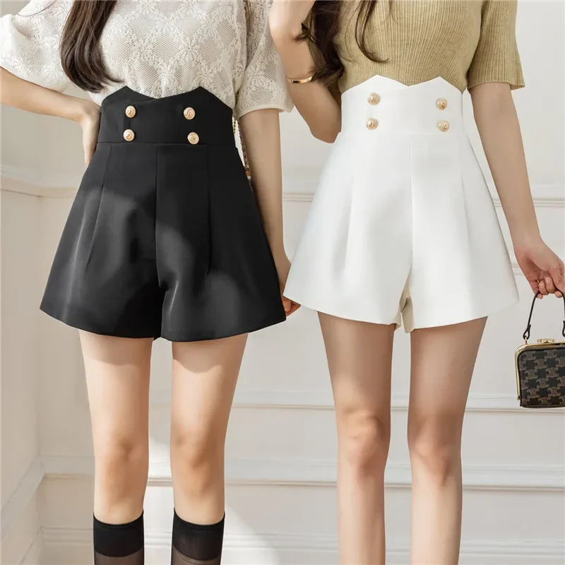 Suit pants women's new autumn wear high waist double-row buttons to cover their stomachs A wide-leg pants casual Joker shorts.