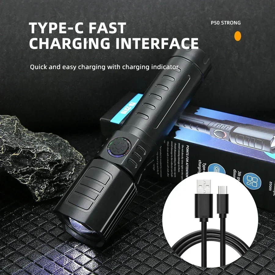 LED Strong Light Flashlight Telescopic Zoom USB Charging Compact Portable Focused Long-range Portable Household Flashlight