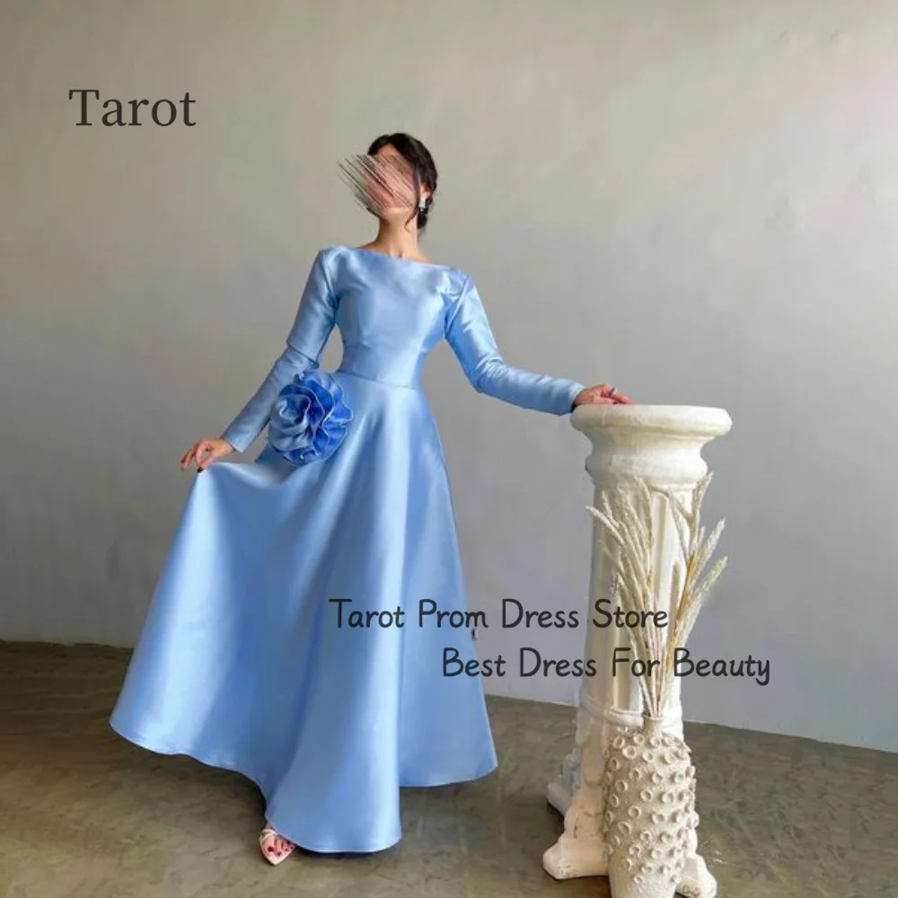 Tarot Simple A Line Prom Dresses Satin Handmade Flower Elegant Full Sleeves Birthday Wedding Dress Ankle Length فساتين سهرات