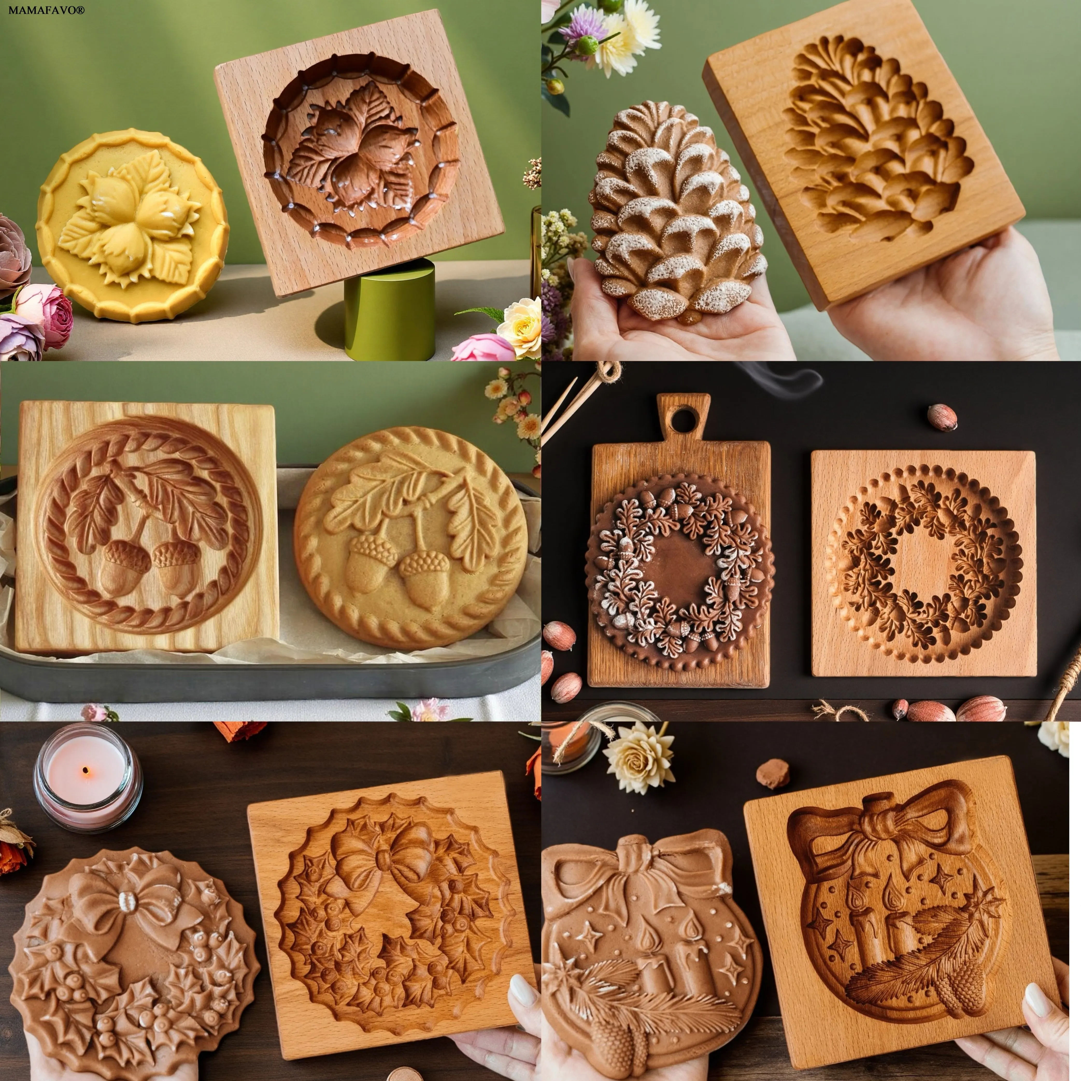 Wooden Cookie Molds for Christmas, DIY 3D Engraved Embossed Biscuit Cutter Moulds Nuts Acorn Pinecone Garland