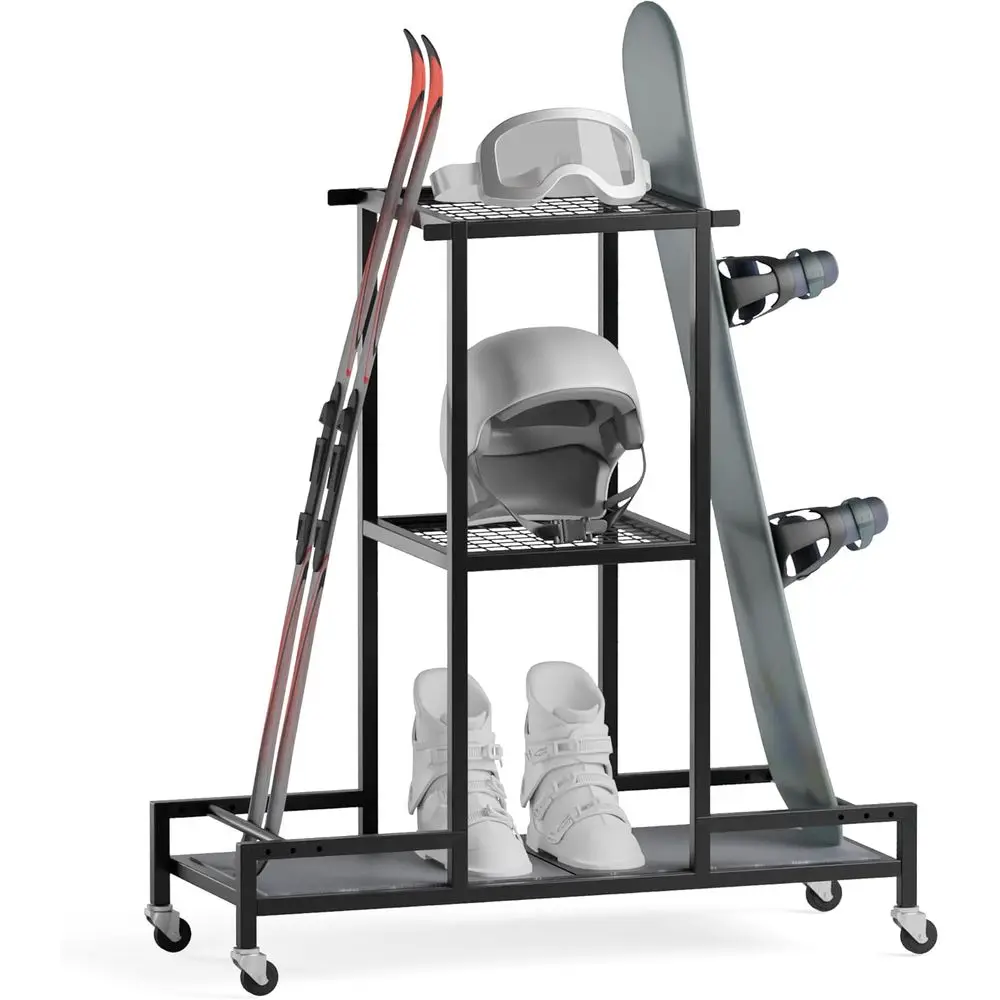 

Стойка для хранения лыж, 3-уровневый органайзер для досок и лыж, черная, с противоскользящим ковриком – для гаража или дома