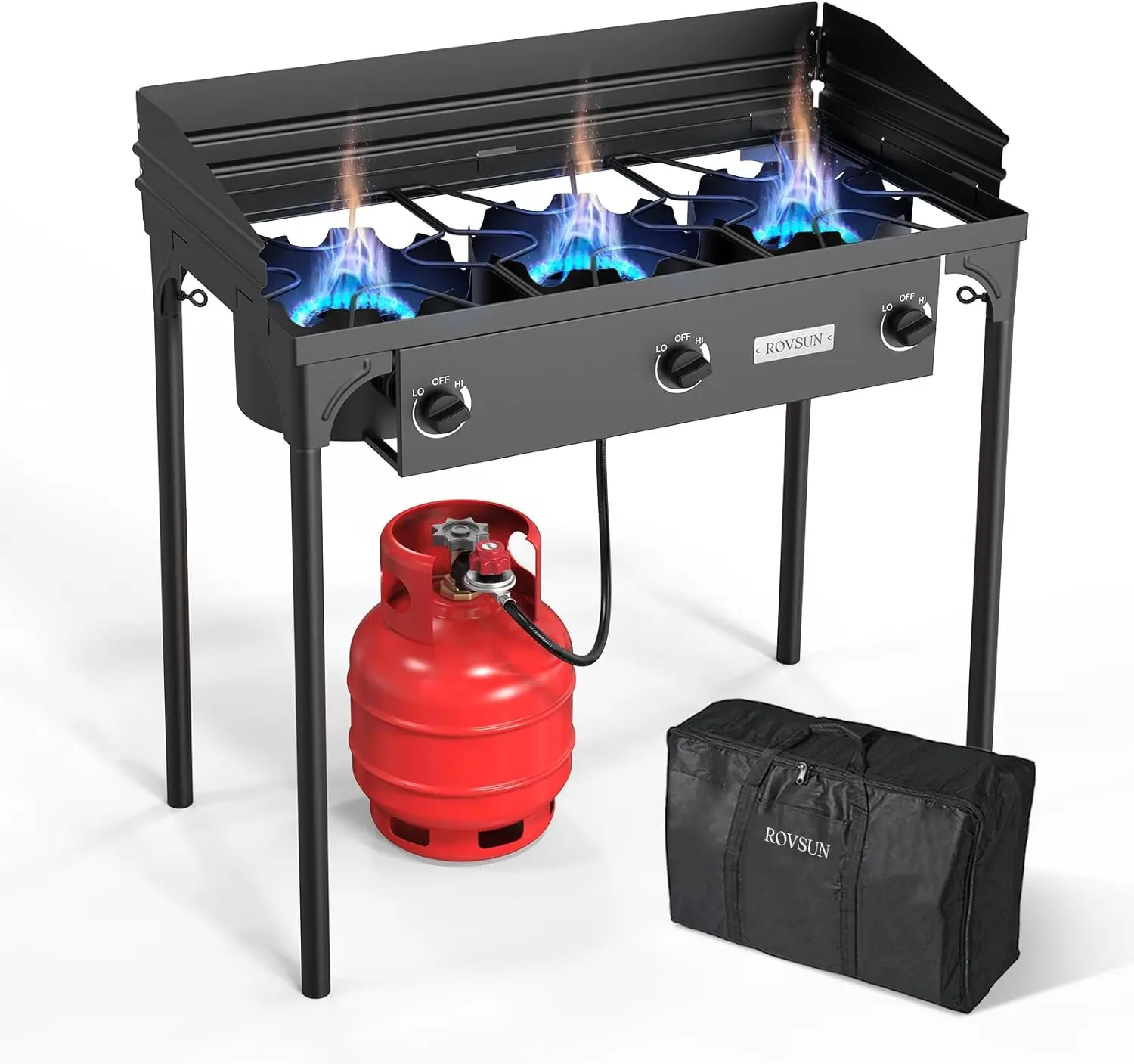 

3-Burner Propane Stove with Carry Bag, 225K BTU, Wind Shield, CSA Regulator – Outdoor Patio Camping Cooker