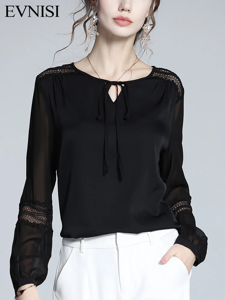 EVNISI Vintage Elegant Black Hollow Out Chiffon Blouse Shirt Women Solid Casual Blouse Long Sleeve Loose Tops Feminina Blusa