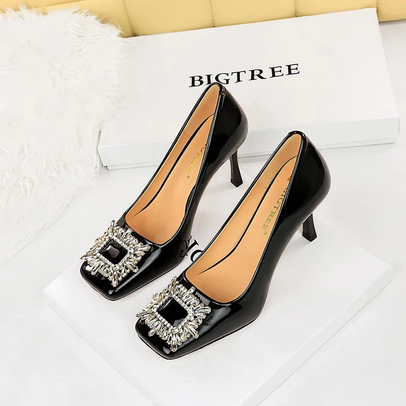 

ZOOKERLIN Square Toe rhinestone Shoes For Women Stiletto High Heels Genuine Leather Women's Pumps Ladies Slim Banquet Party Shoe