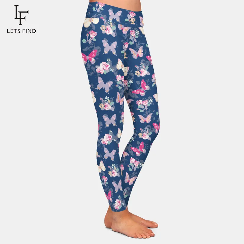 LETSFIND-mallas de cintura alta con estampado de rosas y mariposas, Leggings de Fitness, supersuaves, de seda de leche