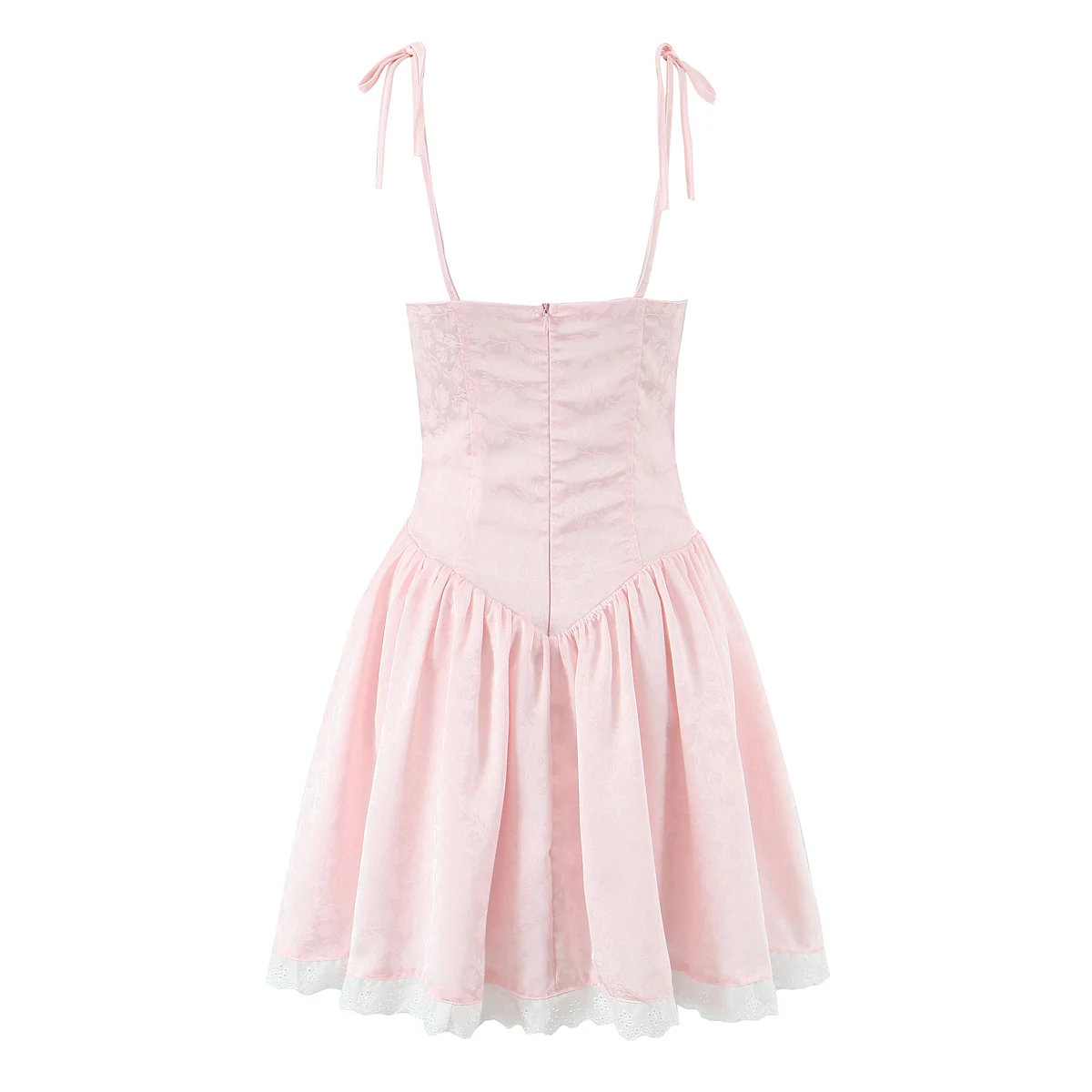 2025 Women Sexy Pink White Jacquard Floral Bow Lacing Up Sling Dress Low Waist Spliced Lace Ball Gown Mini Dresses Party Robe