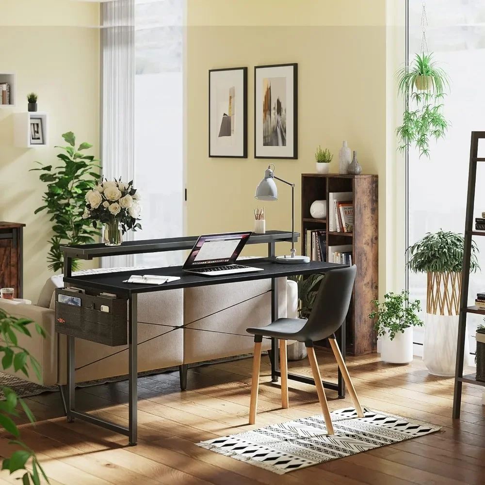 Computer Desk with Adjustable Monitor Shelves, 55 inch Home Office Desk with Monitor Stand, Writing Desk, Study Workstation