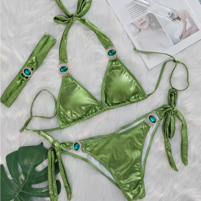 

Сексуальные бикини со стразами и повязкой для волос, женский купальник, пляжный комплект бразильского бикини для плавания в бассейне