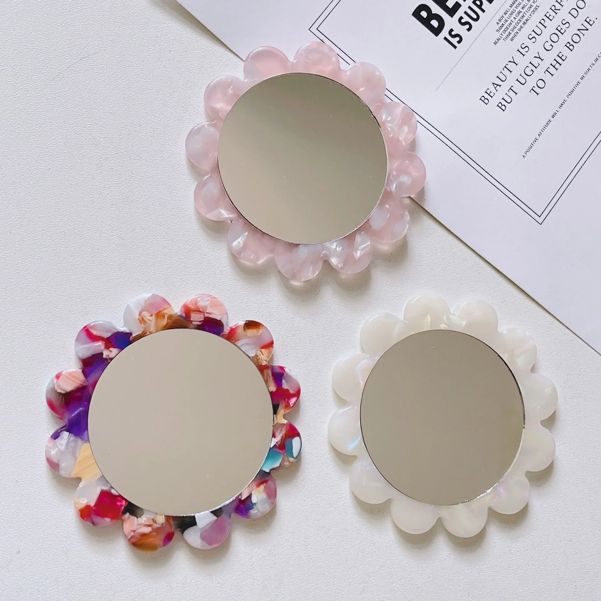 Flower Shaped Acetic Acid Makeup Mirror Handheld Circular Mirror Hand Mirror SPA Salon Compact Acetic Mirrors Cosmetic New
