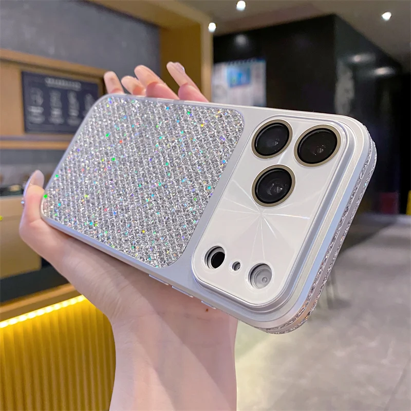 

Luxury Diamond Sparkle Diamond Phone Case For iPhone 17 16 15 14 13 Pro Max with Lens Film Shockproof Cover 17 ProMax Soft Case