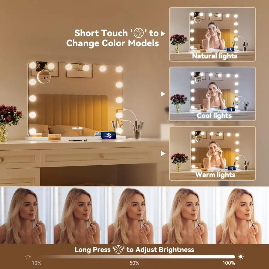 مرآة مكياج LED مع مكبر صوت بلوتوث، مرآة مكياج 28 × 20 مع أضواء وتكبير، مرآة هوليوود مع 3 ألوان