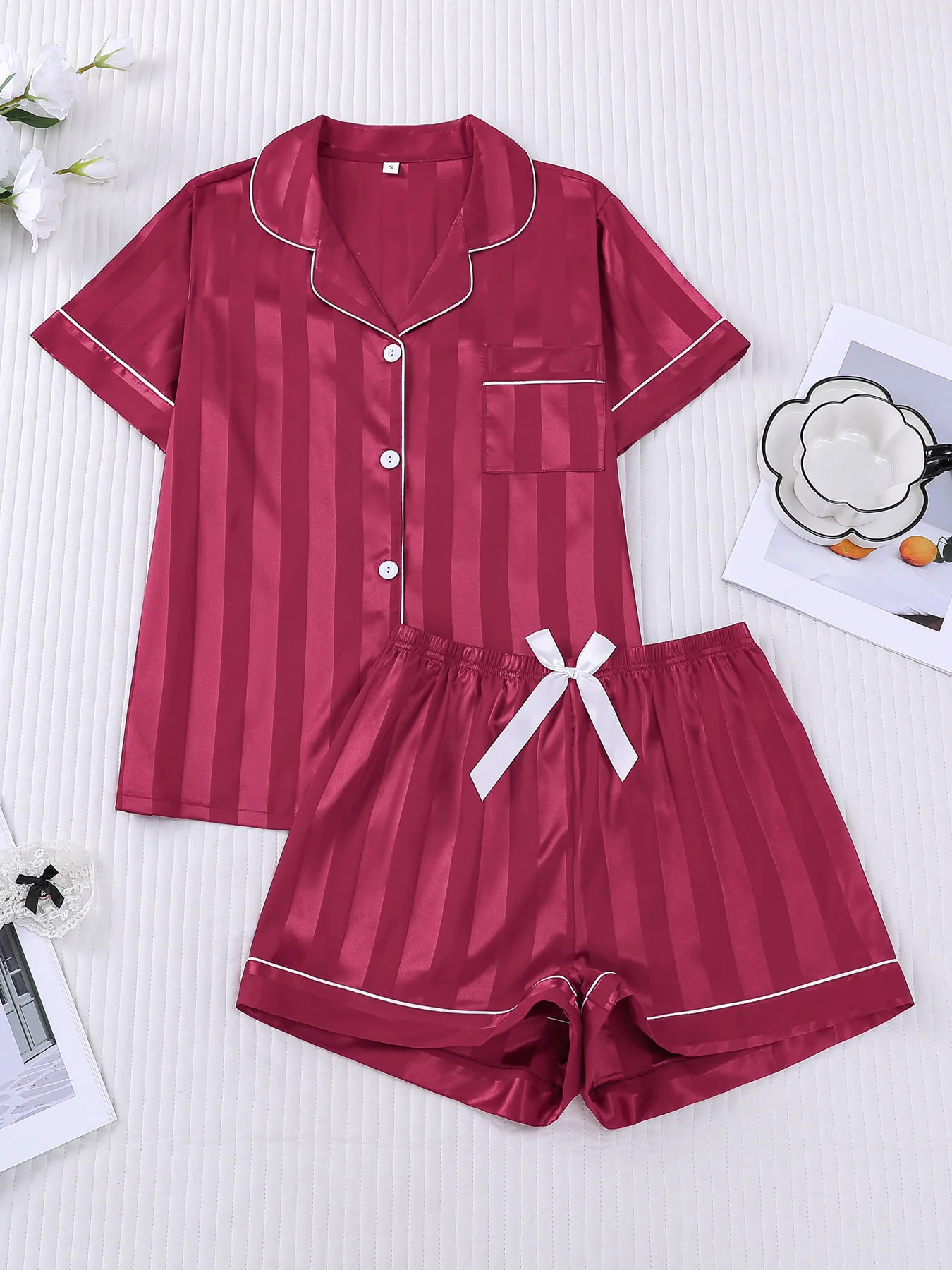 Women Pajamas Set Casual Comfy Loungewear Lapel Collar Short Sleeve Top & Shorts Pajama Set Womens Outfits Pijama Mujer 5