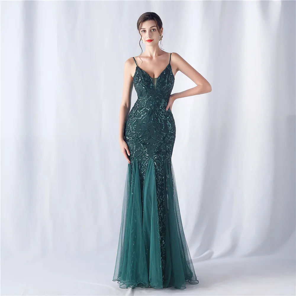 DEERVEADO Strap V Neck Evening Dress For Woman Elegant Mermaid Sequin Party Maxi Dress Special Occasion Dress Long Prm Dresses