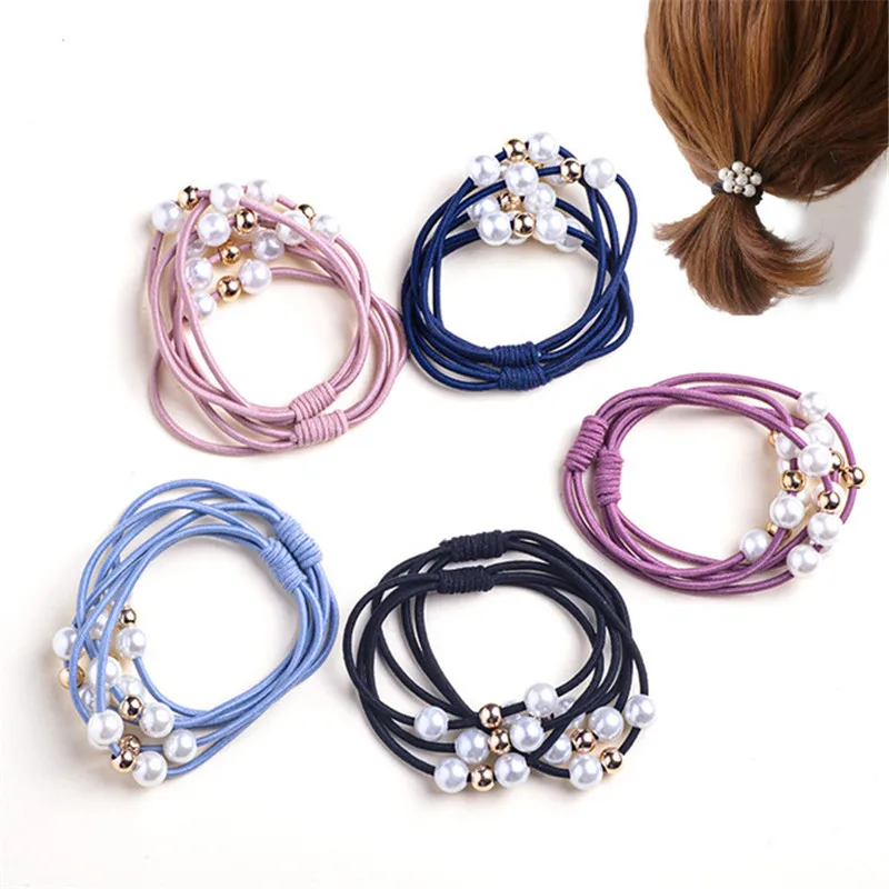 10Pcs/Lot Women Hair Accessories Pearl Elastic Hair Bands Flower Headdress 3in1 Rubber Band Cute Scrunchies Hair Bands For Girls