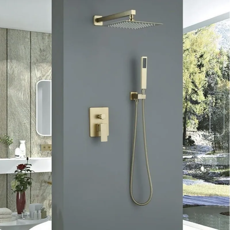 

Brass Brushed Gold 2 functions Rain Shower Faucet Set Wall Mounted Shower Arm Diverter Mixer Tap Brass Handheld Spray Set