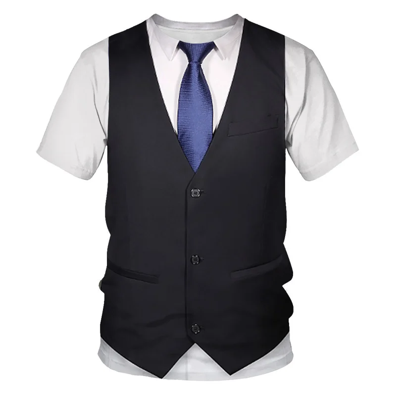 Camiseta para hombre con estampado 3D, divertido traje falso, estampado de corbata de esmoquin, camiseta de manga corta con cuello redondo Harajuku de verano