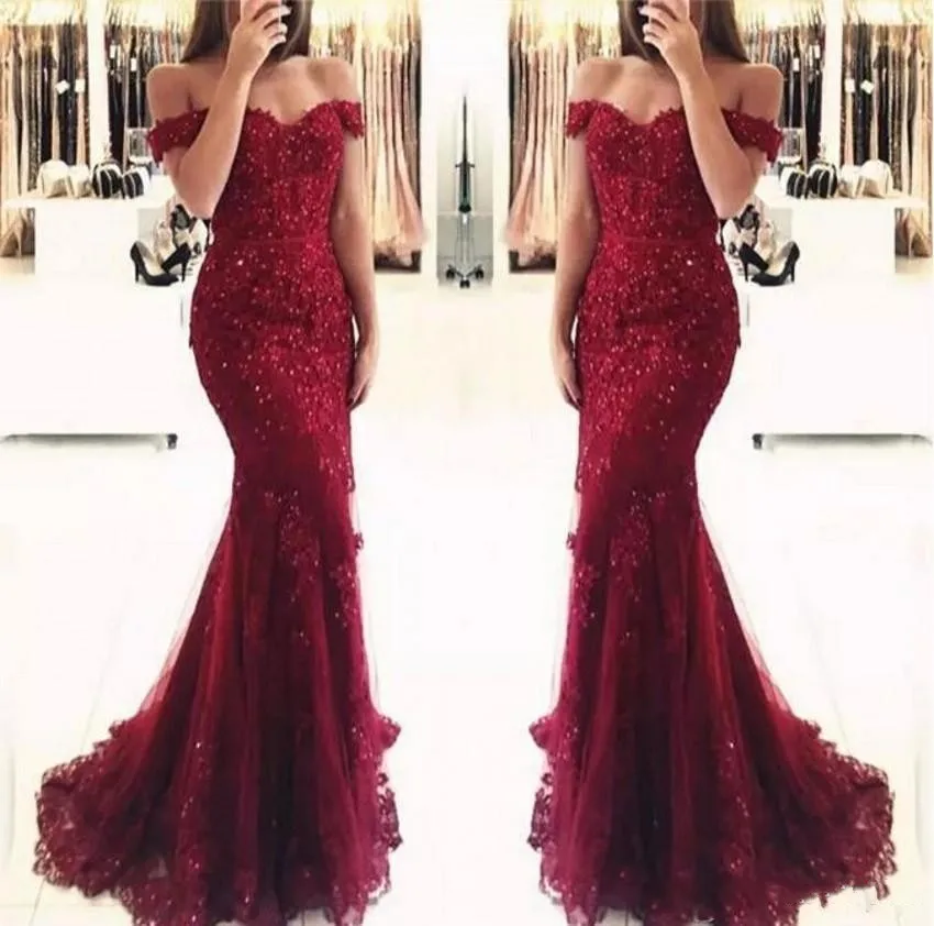 

ANGELSBRIDEP Burgundy Mermaid Prom Dress Vestidos De Festa Sexy Off-Shoulder Sweetheart Applique Formal Evening Party Gown Hot