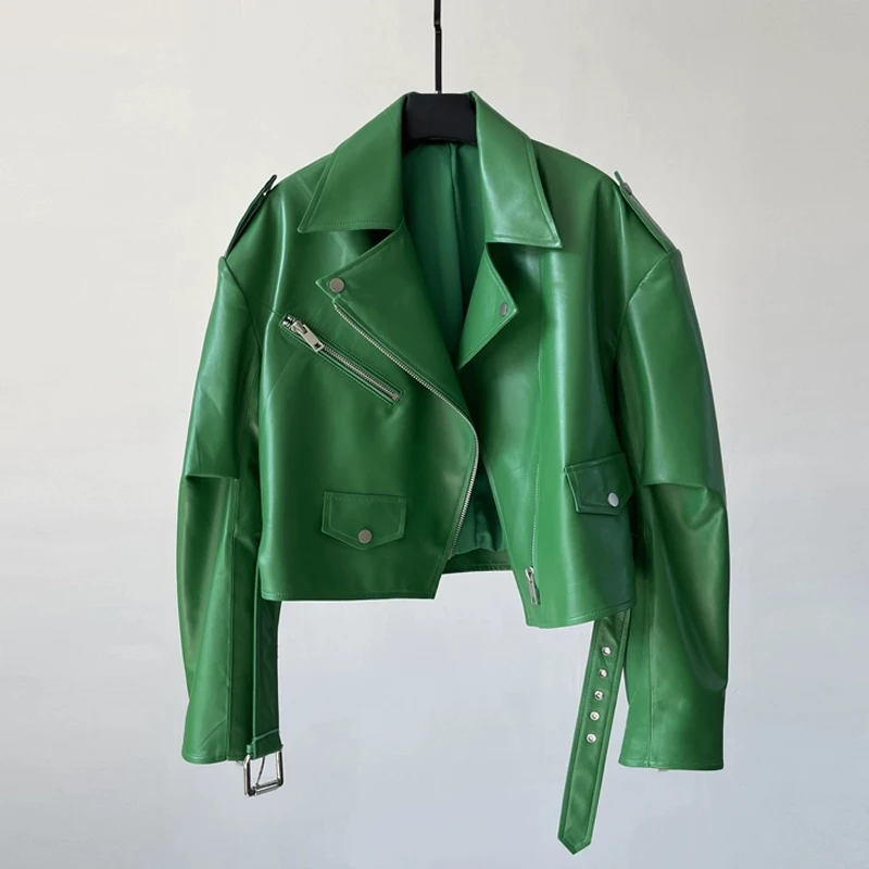 Green Lace-up Belted Sheepskin Biker Jacket Fashion High Street Women Diagonal Zipper Loose Short Real Leather Jacket Coats