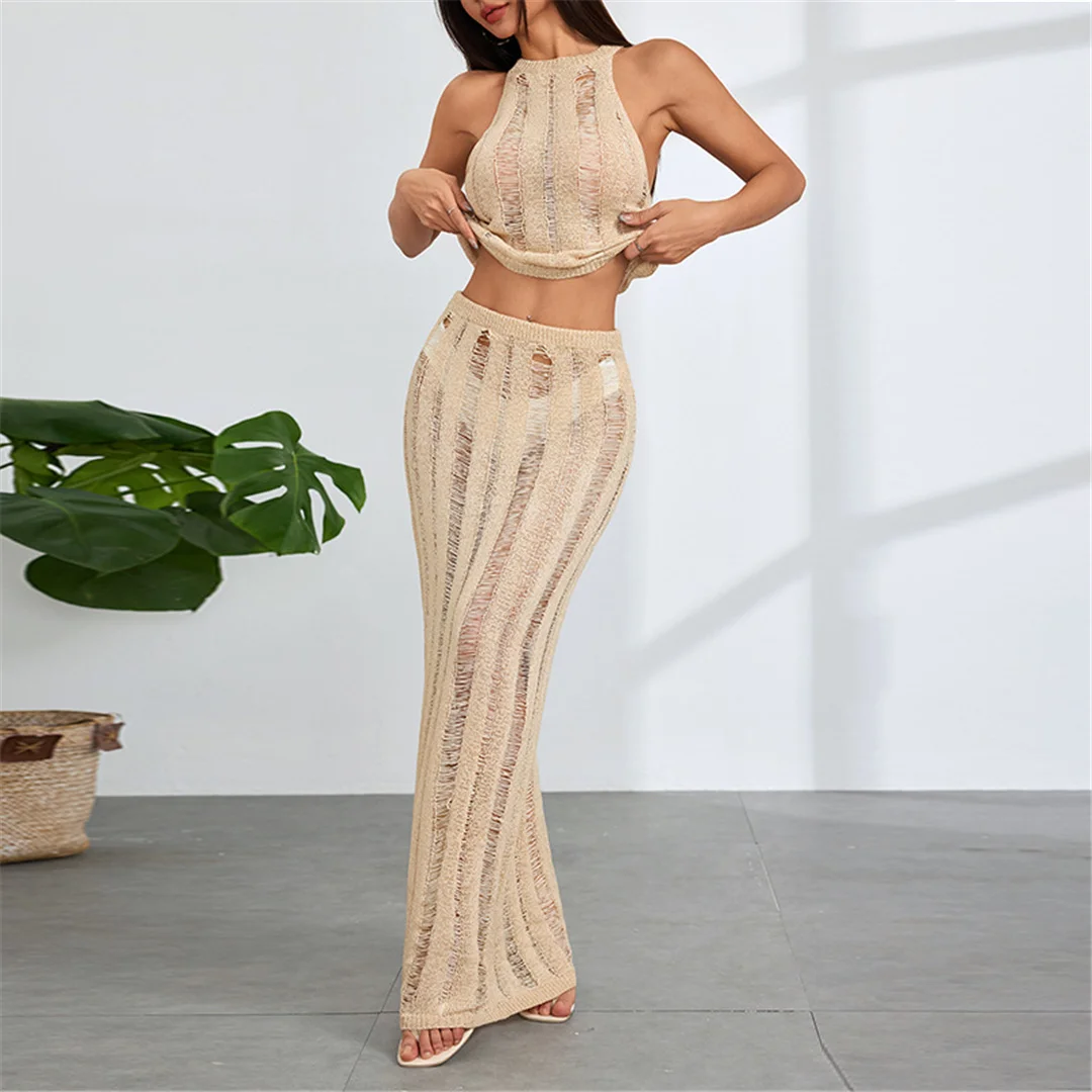 Neues, ärmelloses, gehäkeltes, gestricktes zweiteiliges Set, Tunika, Strandkleid, Strandbekleidung, Damenmode V6717 – Detail 10