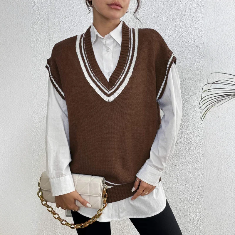 

2025Свитер в стиле колледжа, новинка - полосатый глубокий жилет, европейская и американская женская мода, повседневный цветной блок