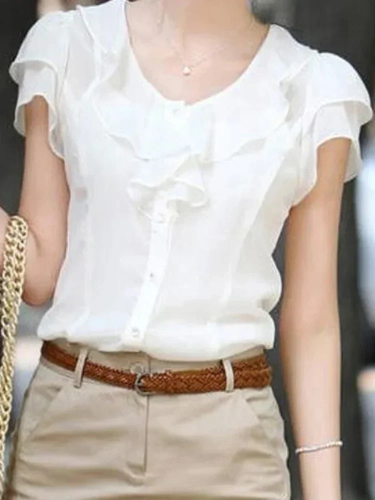 

Summer Korean Slim Fit Short Sleeved Chiffon White Shirt New Fashion Lotus Leaf Sleeve Women's Work Ol Professional Shirt Top