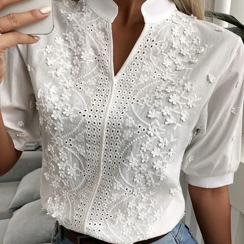 Cotton Tops Floral Embroidery Lace Blouse Women Summer Elegant Short Sleeve Hollow-out Stand Collar V Neck Casual Shirt 24350