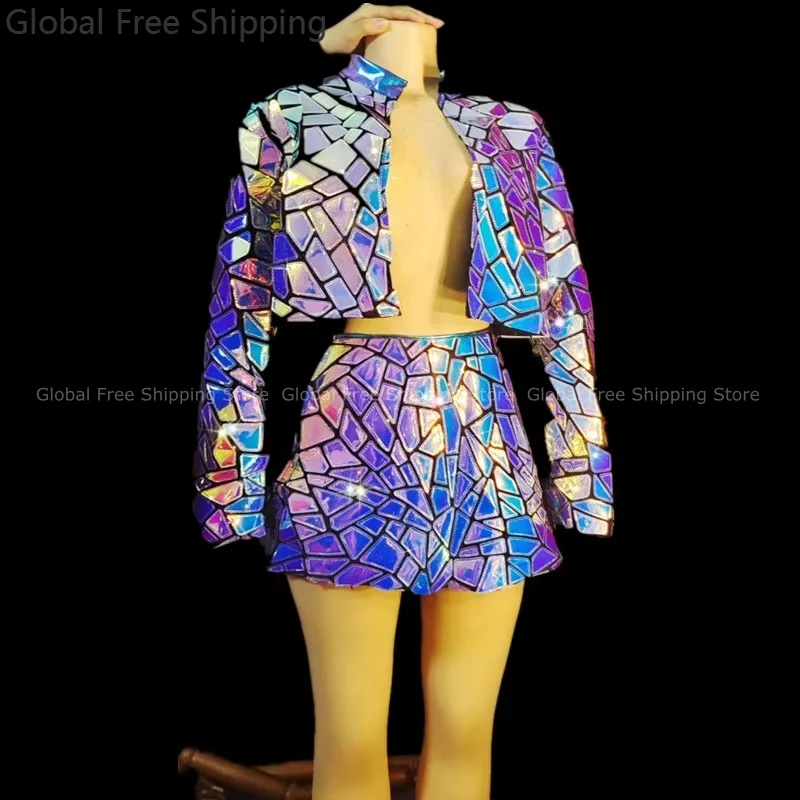 

Purple And Blue Laser Mirror Sequined Dress Singer Dancer Bar Nightclub Stage Costume Party Birthday Dance Performance Jacket
