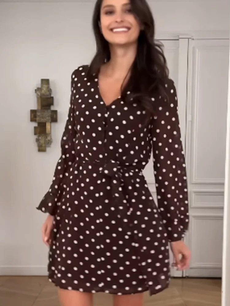 

Элегантное платье в горошек со шнуровкой на талии, женское шикарное платье трапециевидной формы с длинным рукавом и круглым вырезом, 2026, новая женская повседневная верхняя одежда