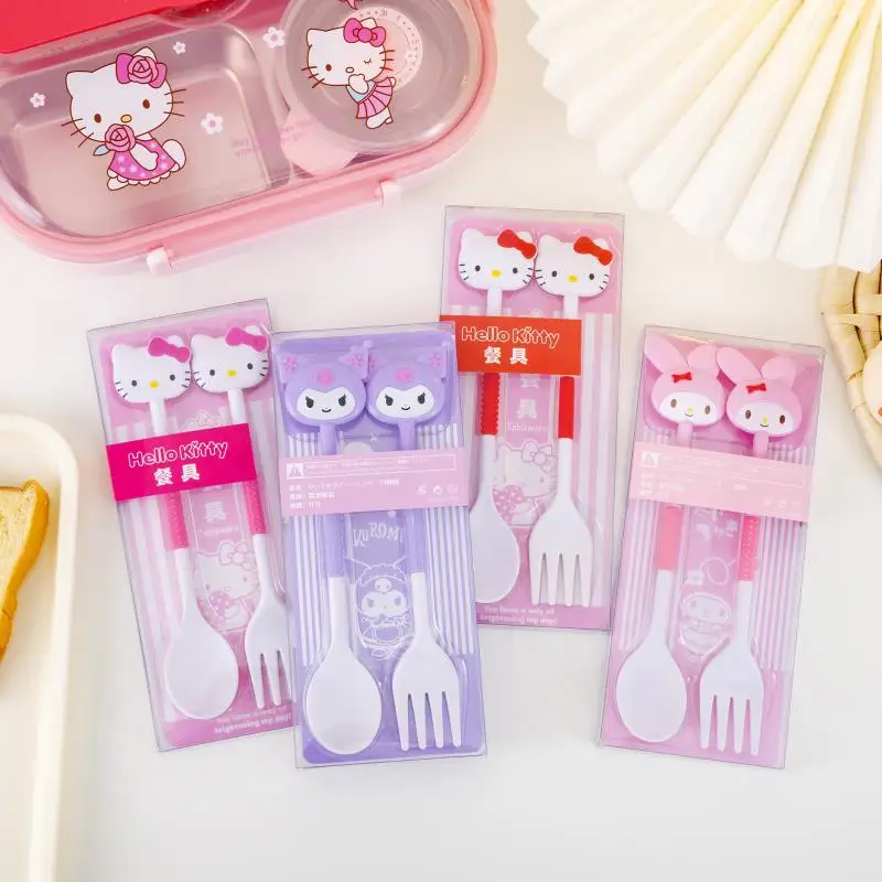 Kawaii Anime New Hello Kitty Spoon Fork 2 Piece Set Cute Sanrio Stainless Steel Child Tableware Kitchen Supplies Gifts Toys ﻿