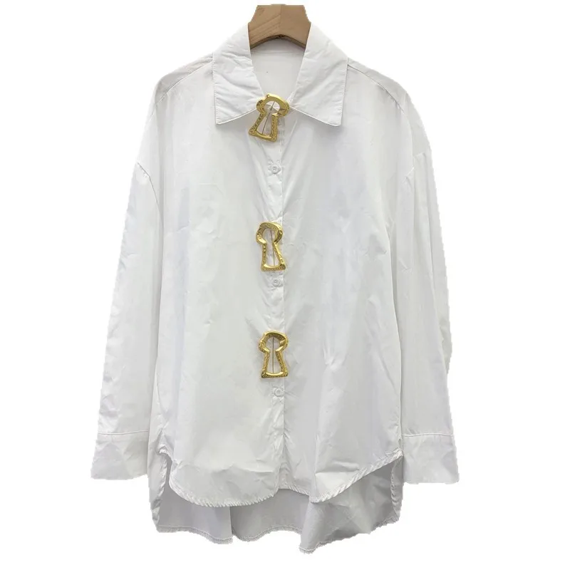 Solid Color Long Sleeve Women Blouses 2026 New Spring Autumn Loose Cardigans Top Metal Buckle Female Casual White Shirts