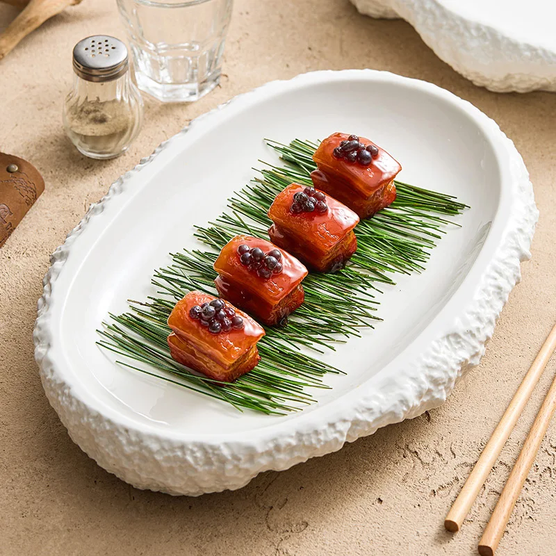 Rock oval plate dish household deep dish white porcelain cold dish  private cuisine club hotel tableware plate.