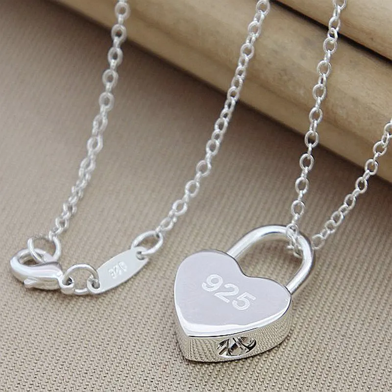 

925 Sterling Silver Heart Lock Pendant Necklace 18 inch Chain For Women Man Wedding Engagement Jewelry