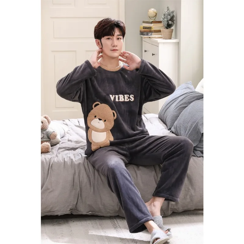 Winter Thickened Warm Flannel Men Pajamas Set Long-Sleeved Coral Velvet Sleepwear Homewear Cartoon Bear Nightwear Loungewear