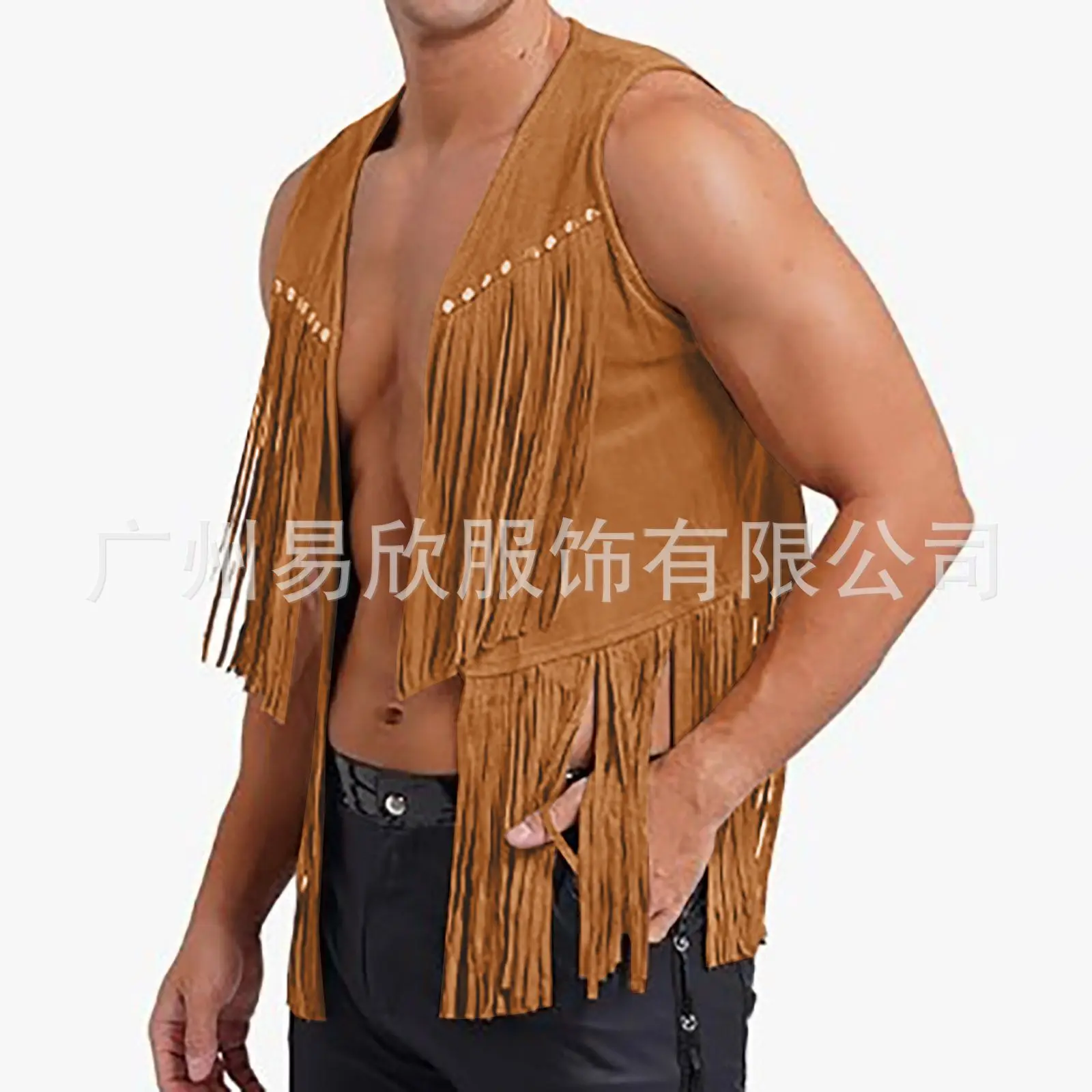 Men Suede Vest Vests Sleeveless V Neck Rivet Fringe Trim Front Open Evening Dress