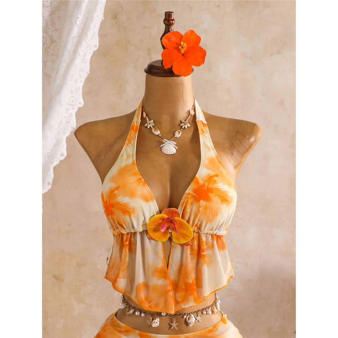 3D-Blumenmuster mit Rock, Neckholder-Bikini, Damen-Badeanzug, dreiteiliges Bikini-Set, Badebekleidung, Badeanzug, Schwimmbekleidung V8422 – Detail 18