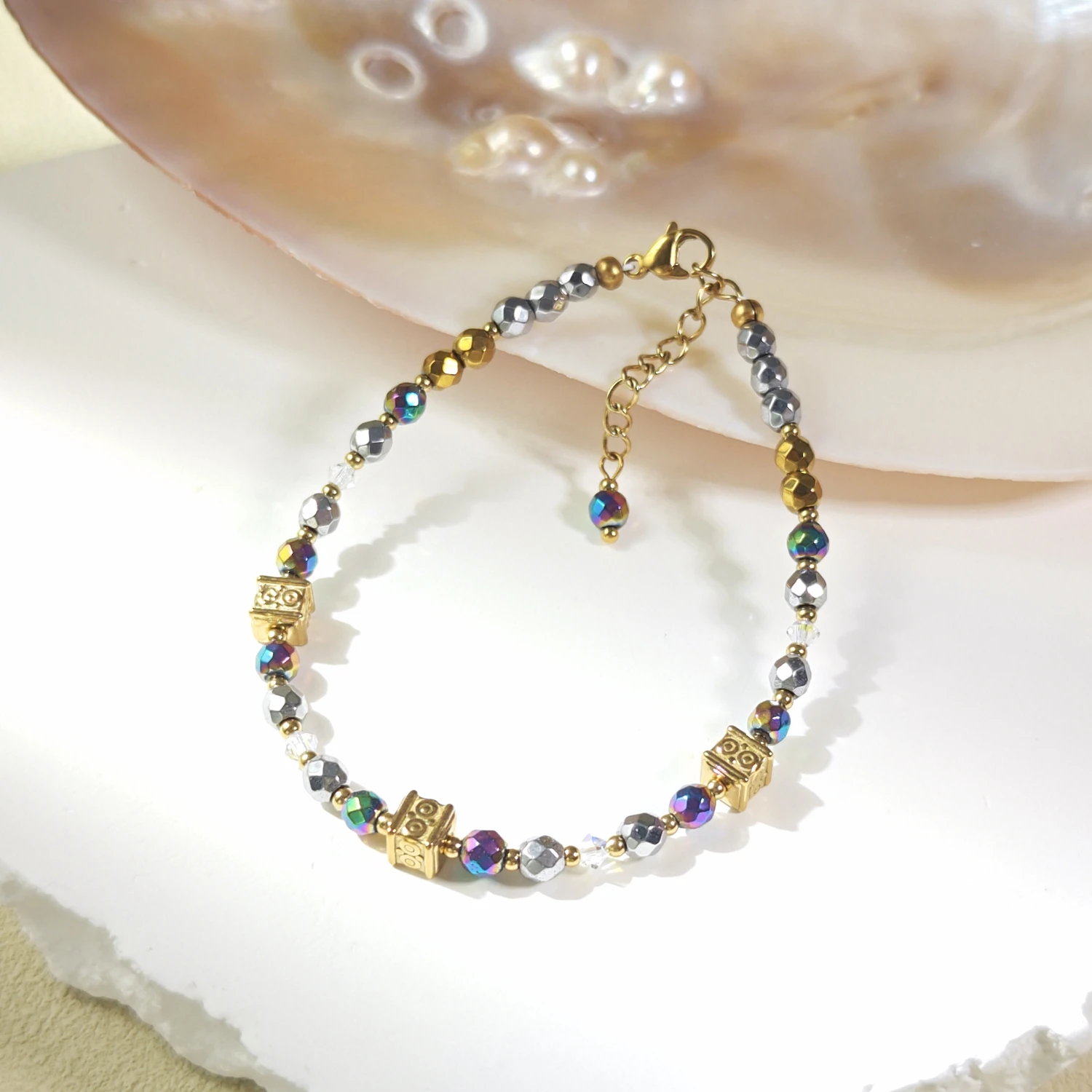 Lii Ji Rainbow Hematite Bracelet 4mm Natural Stone Handmade Jewelry 17+3cm Fashion Bohe Trendy Gift For Female